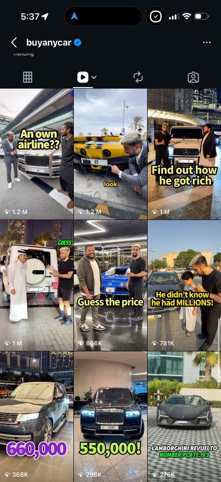 @buyanycar Instagram reels grid showing view counts of 1.2M, 1M, 866K